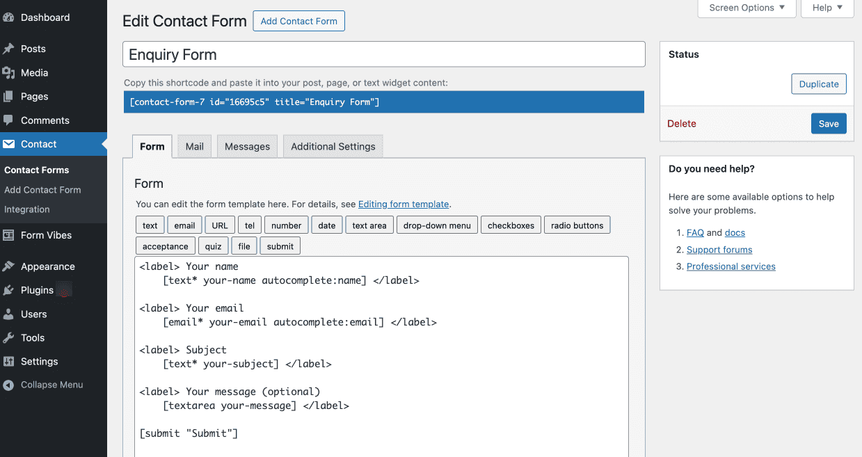 Contact Form 7 form editor showing field tags and field type buttons
