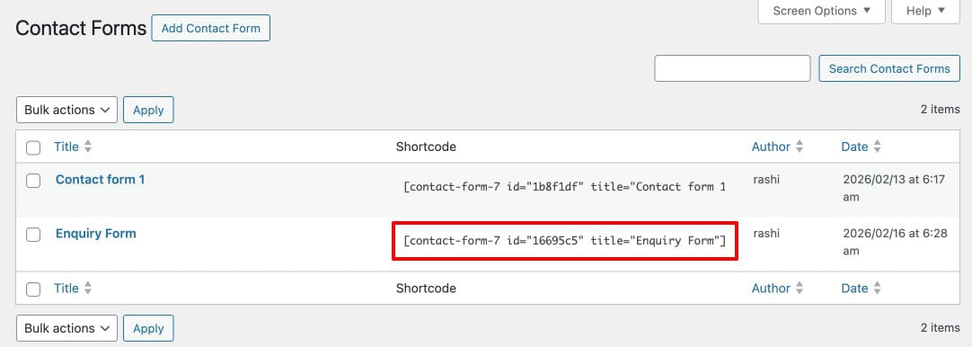 Contact Form 7 shortcode Copied