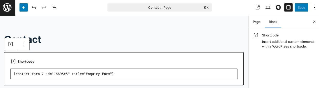 Contact Form 7 shortcode pasted into the WordPress page editor as a Shortcode block