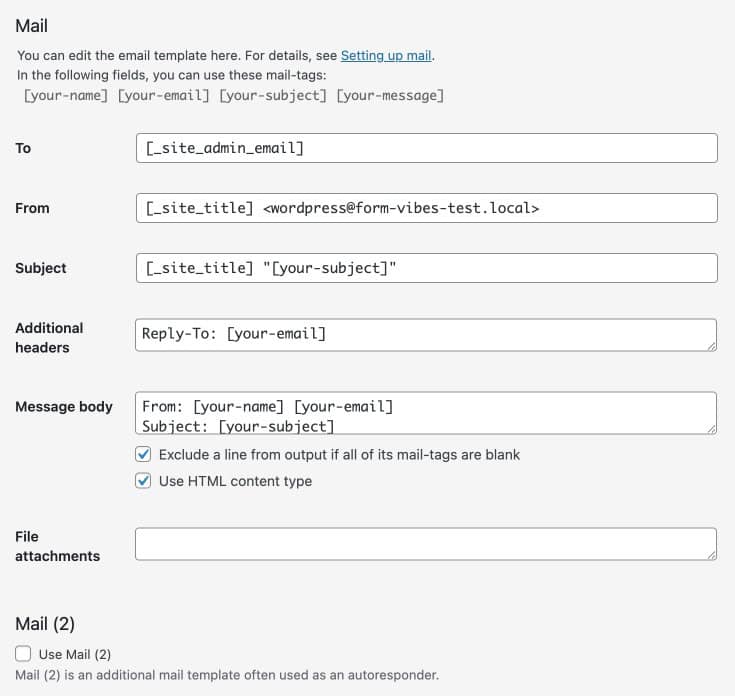 Contact Form 7 Mail tab showing email notification settings configured for lead capture