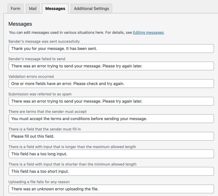 Contact Form 7 Messages tab showing customisable form messages including submission confirmation