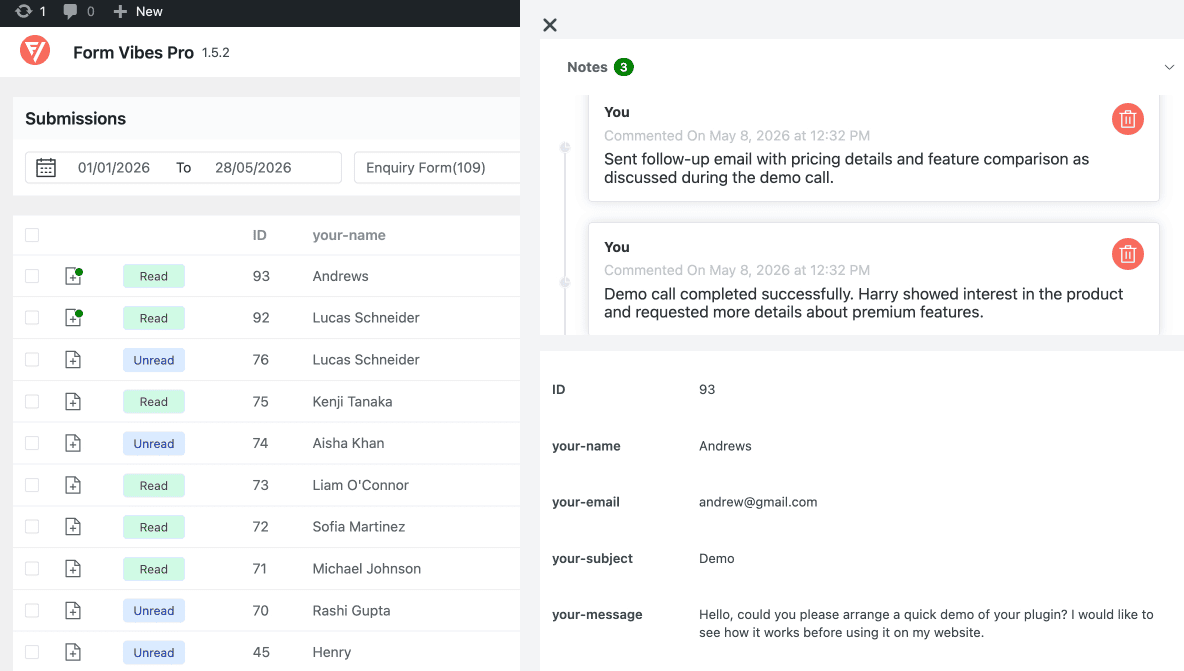 Form Vibes submission entry expanded showing multiple notes with timestamps in the Notes section