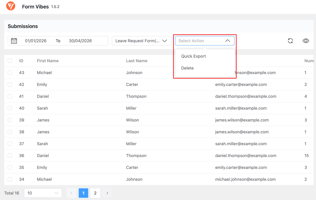 Quick Export button in the Form Vibes toolbar for downloading Beaver Builder form submissions as CSV