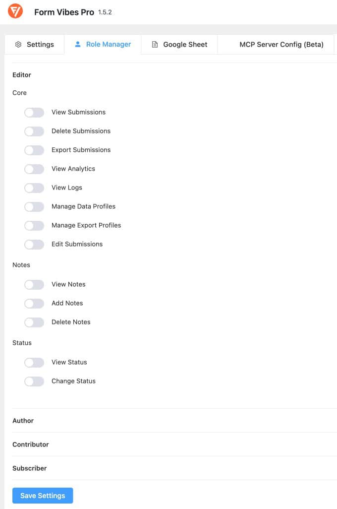 Form Vibes Role Manager showing granular permission toggles enabled and disabled for different WordPress user roles