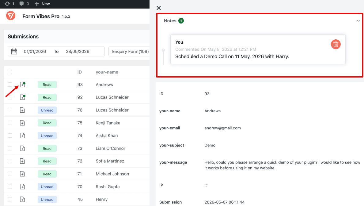 Form Vibes submission entry expanded showing note with timestamps in the Notes section