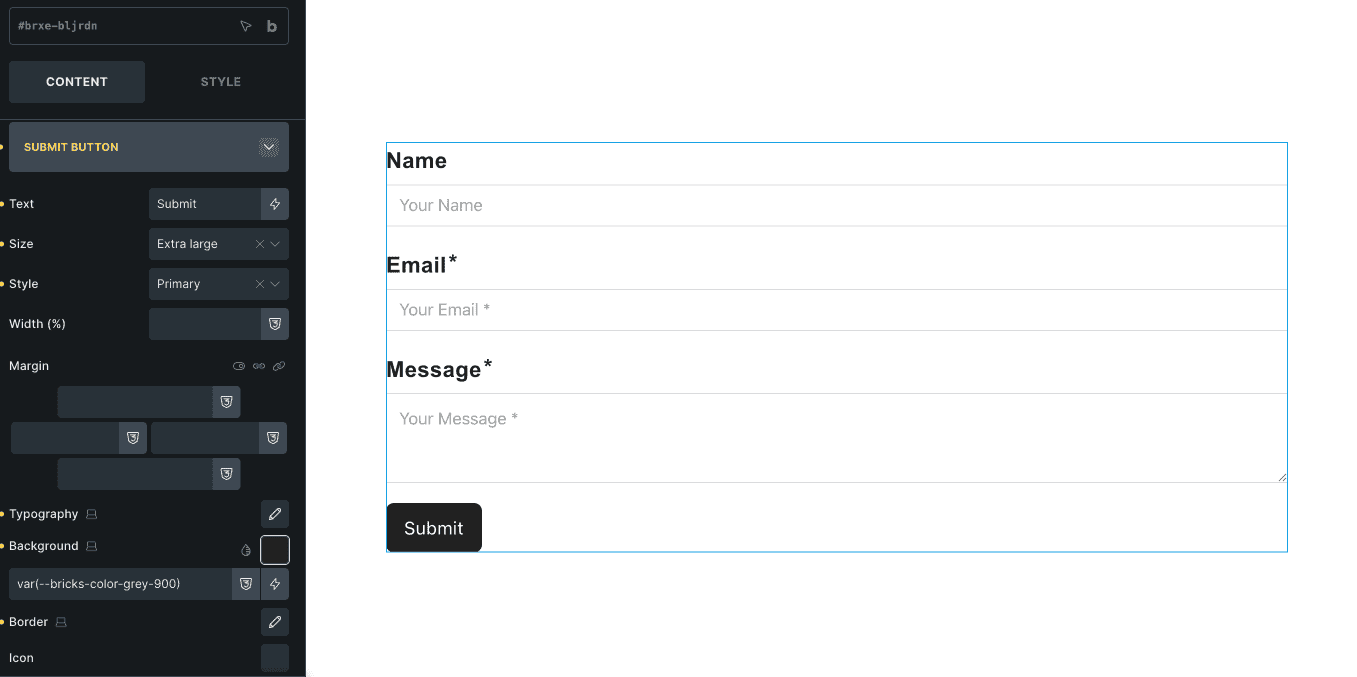 Bricks Builder Form element Style tab showing field and button styling options