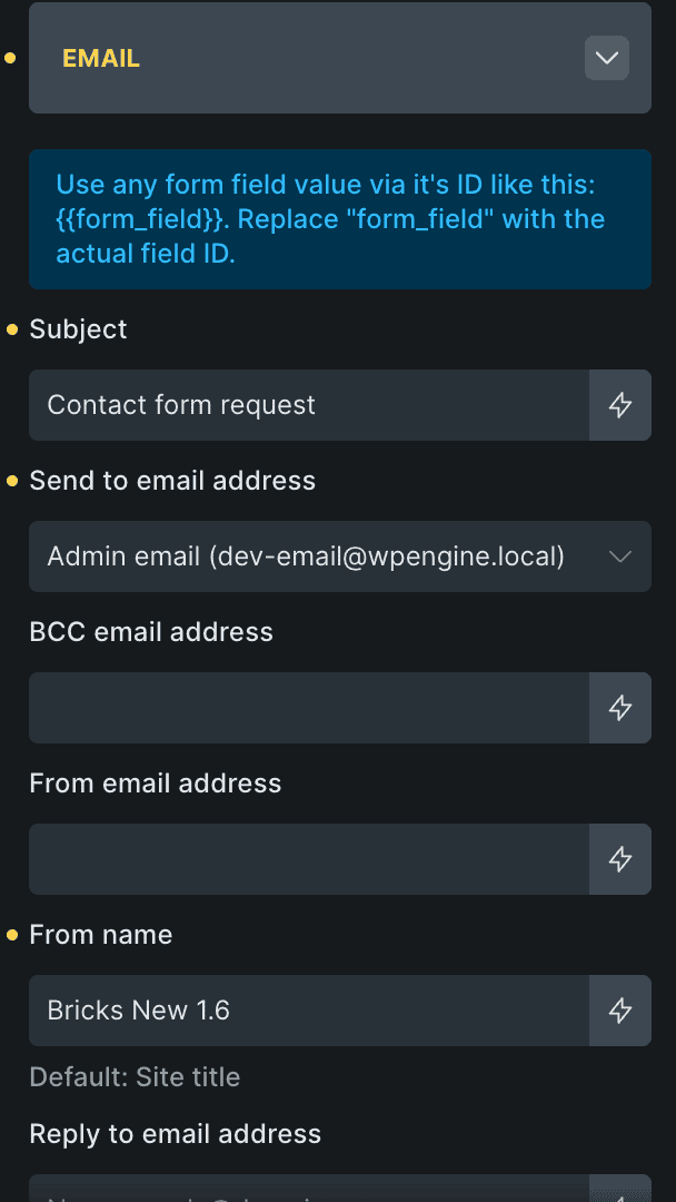 Bricks Builder Form element Email action settings expanded showing all email notification configuration fields