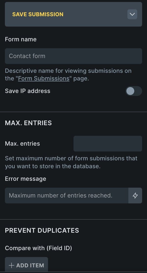  Builder Form element with Save Submission action added showing the Form Name input field