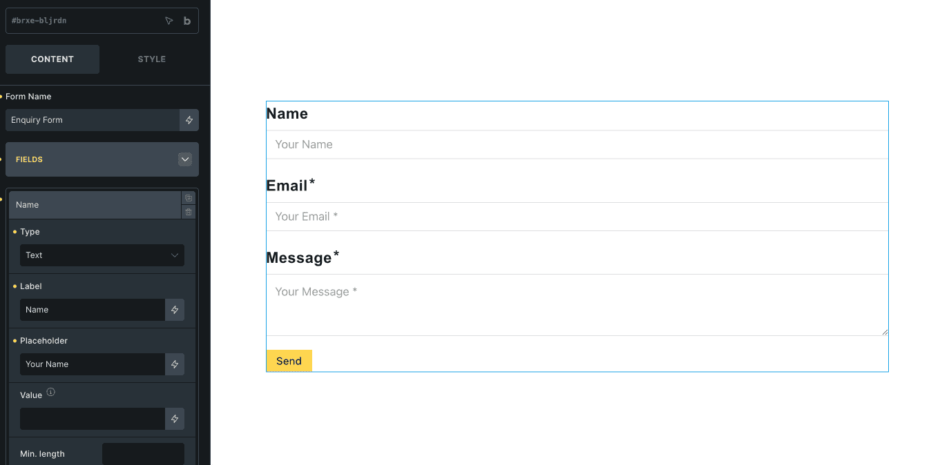 Bricks Builder Form element field settings showing label, placeholder, required toggle, and width options
