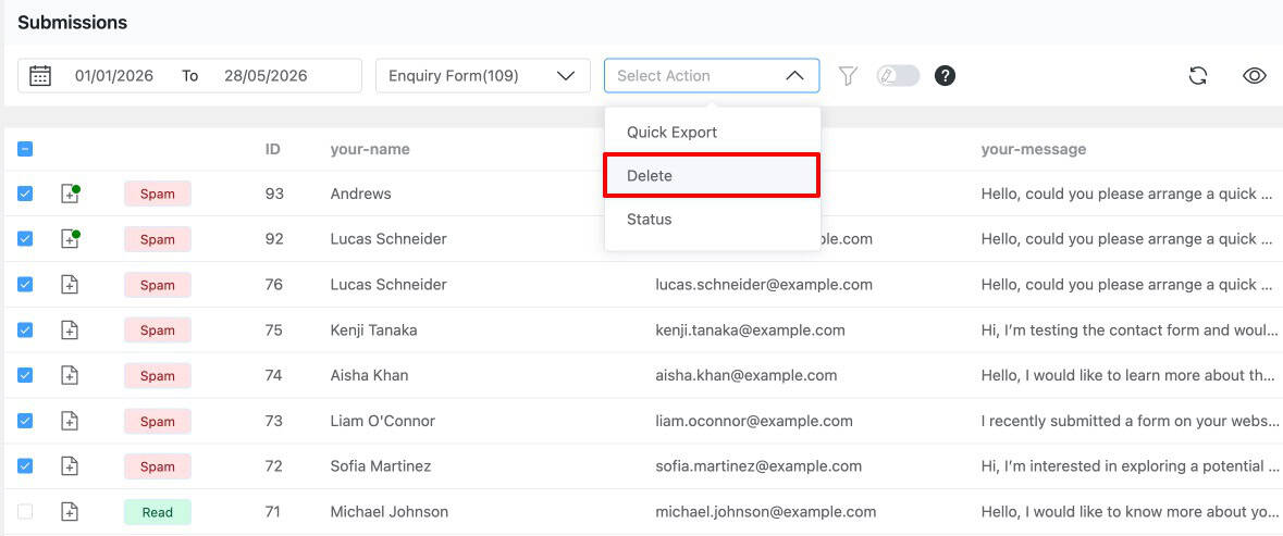 Form Vibes Submissions table filtered by Spam status with entries selected for bulk deletion