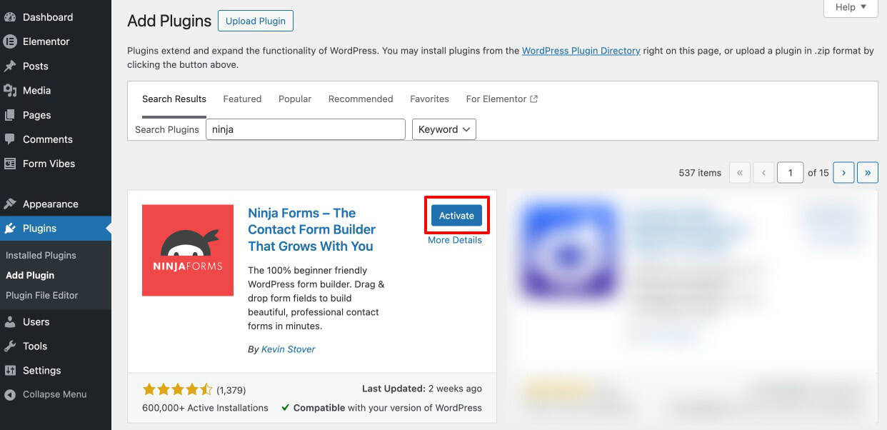 Installing Ninja Forms from the WordPress plugin directory