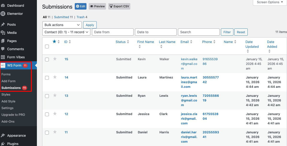 WS Form Submissions list showing stored form entries in the WordPress dashboard
