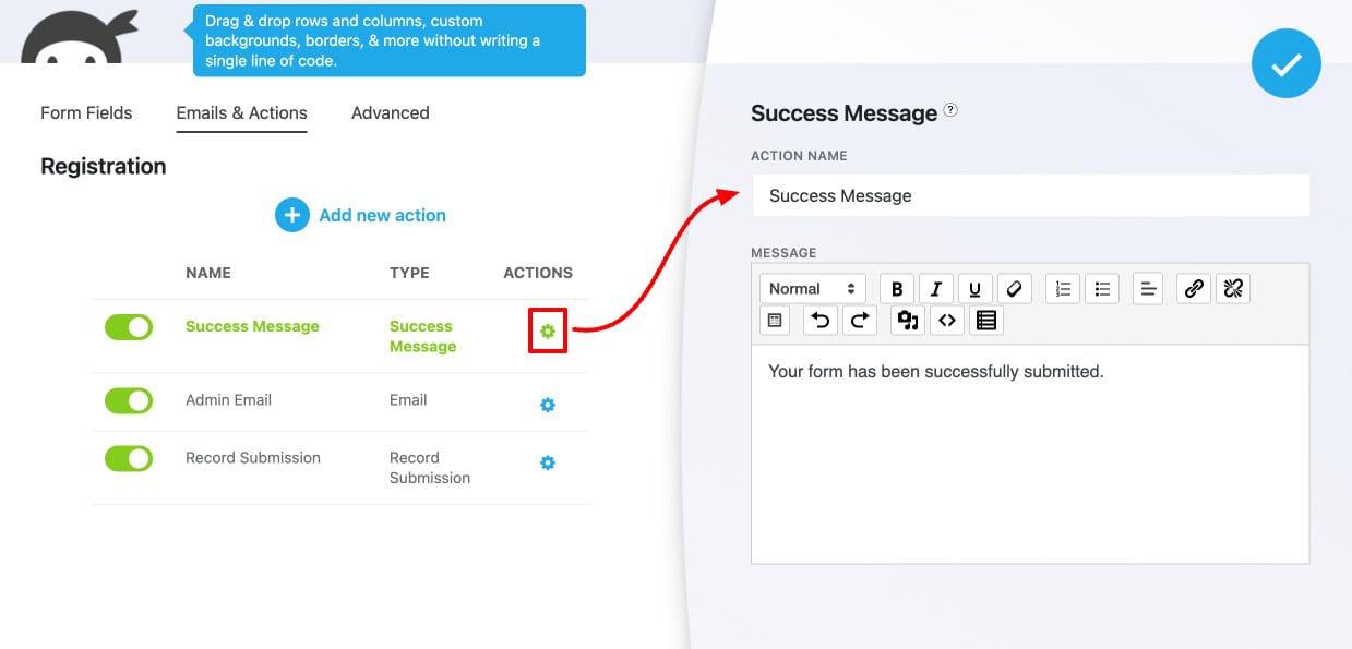 Ninja Forms Emails and Actions tab showing post-submission actions configured on a form