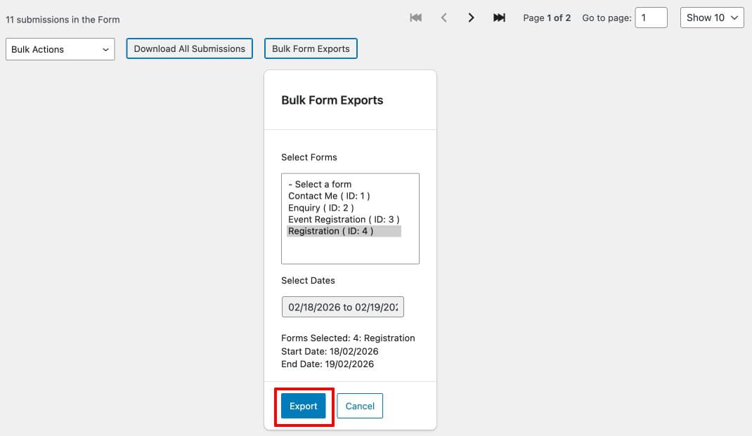 Ninja Forms Bulk Form Export screen with multiple forms selected and a date range chosen