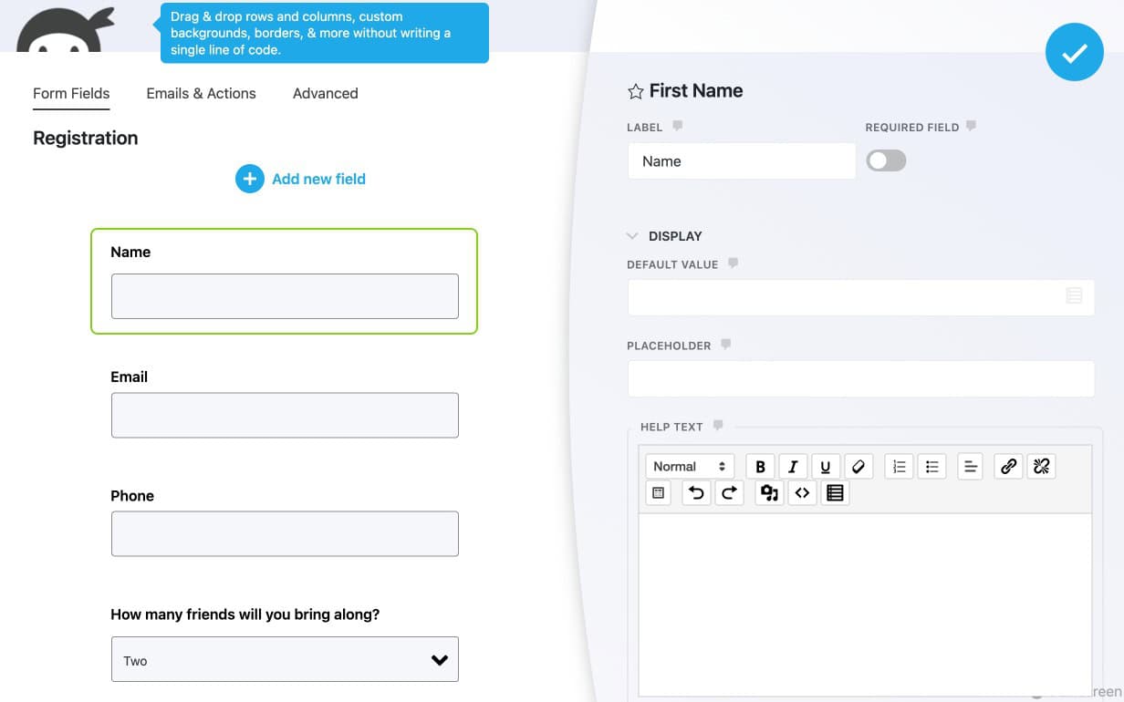 Ninja Forms form builder showing fields on the canvas with field settings panel open