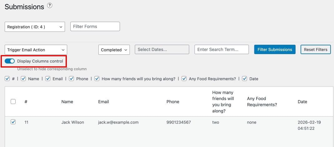 Ninja Forms Submissions Column Display Controls showing toggleable field columns