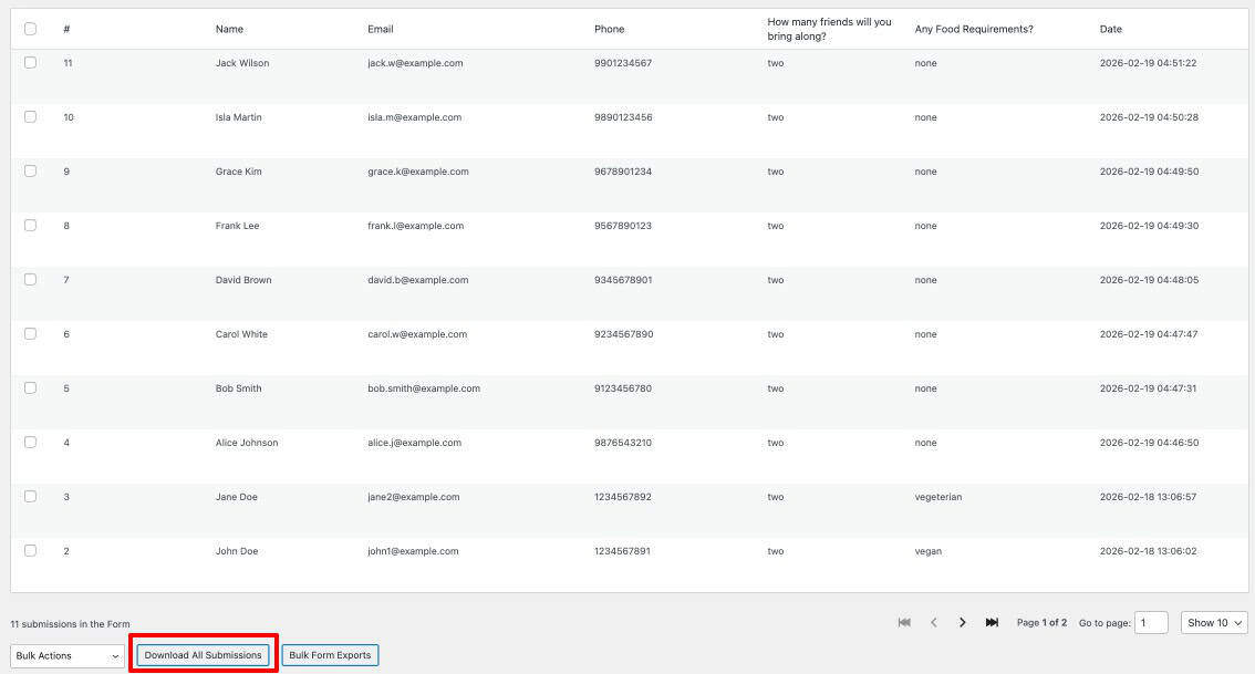 Ninja Forms Submissions page showing the Download All Submissions button