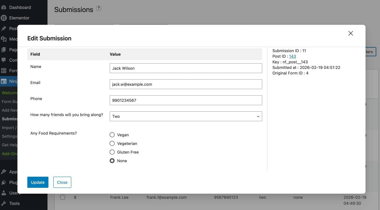 Ninja Forms Submissions page with a submission entry open for editing