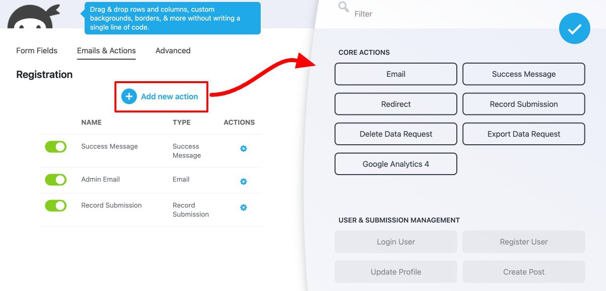 Ninja Forms Emails and Actions tab Add New Section