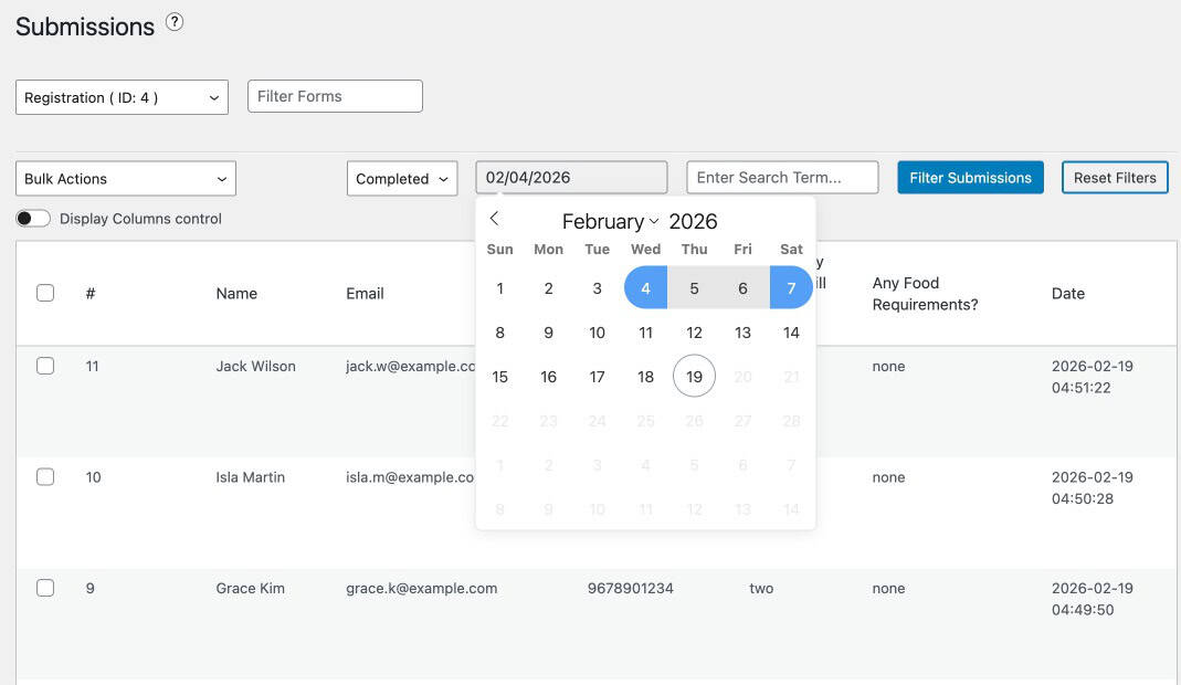 Ninja Forms Submissions date range filter applied to narrow the entries list