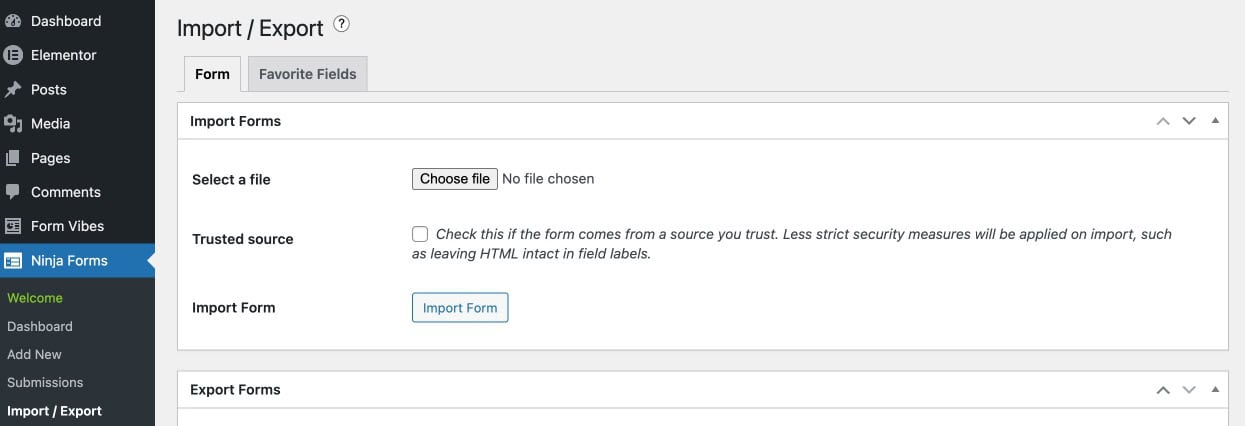 Ninja Forms Import/Export page showing the form file upload area for importing forms