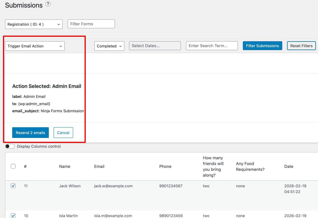 Ninja Forms Submissions bulk actions dropdown with Trigger Email Action option visible