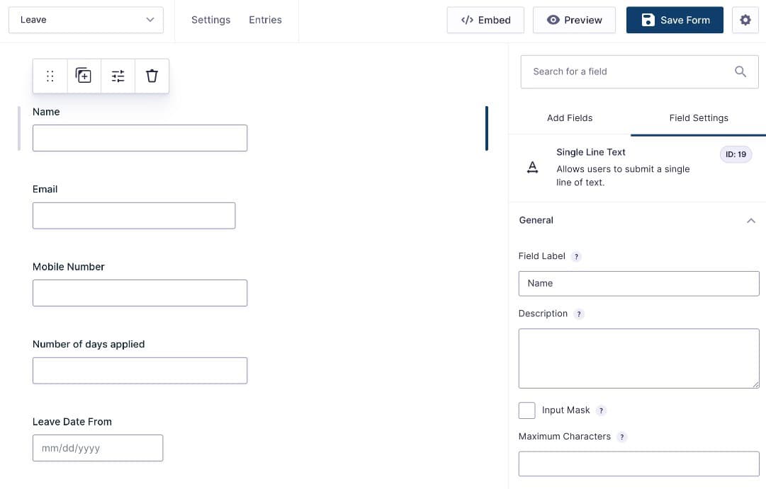 Gravity Forms field General settings tab showing label, Description