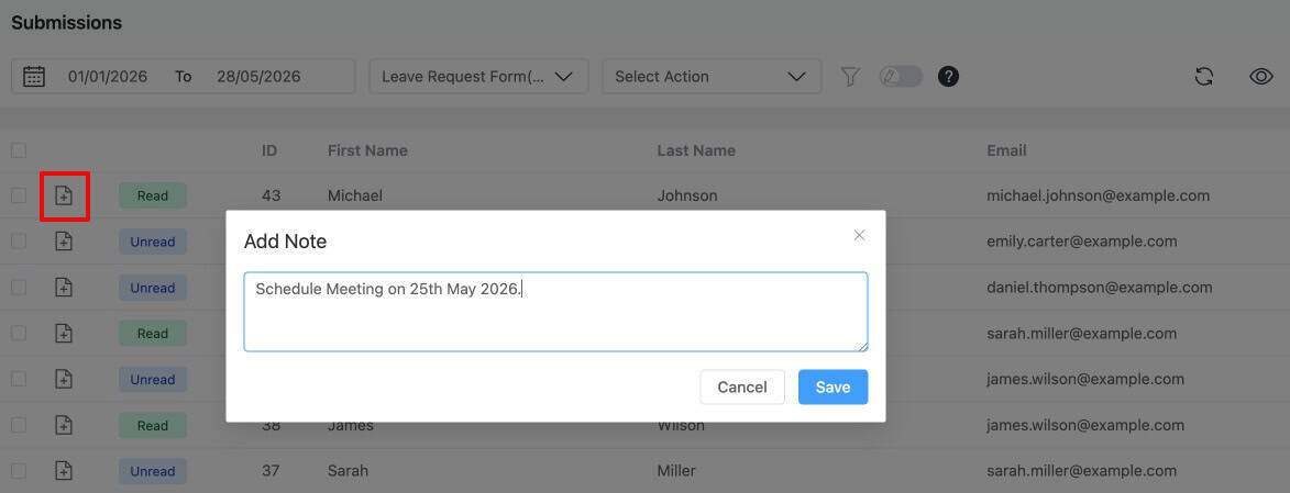 Internal team note added to an Everest Forms submission in Form Vibes