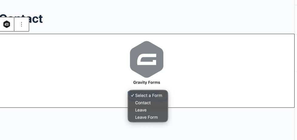 Gravity Forms Gutenberg block in the WordPress editor with a form selected from the dropdown