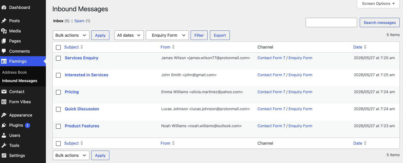 Flamingo Inbound Messages view in WordPress admin