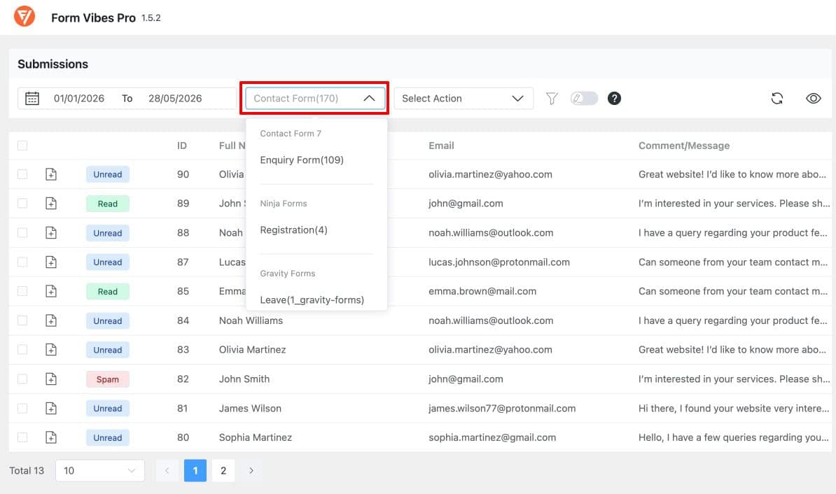 Form Vibes unified dashboard - form builder dropdown open showing multiple plugins