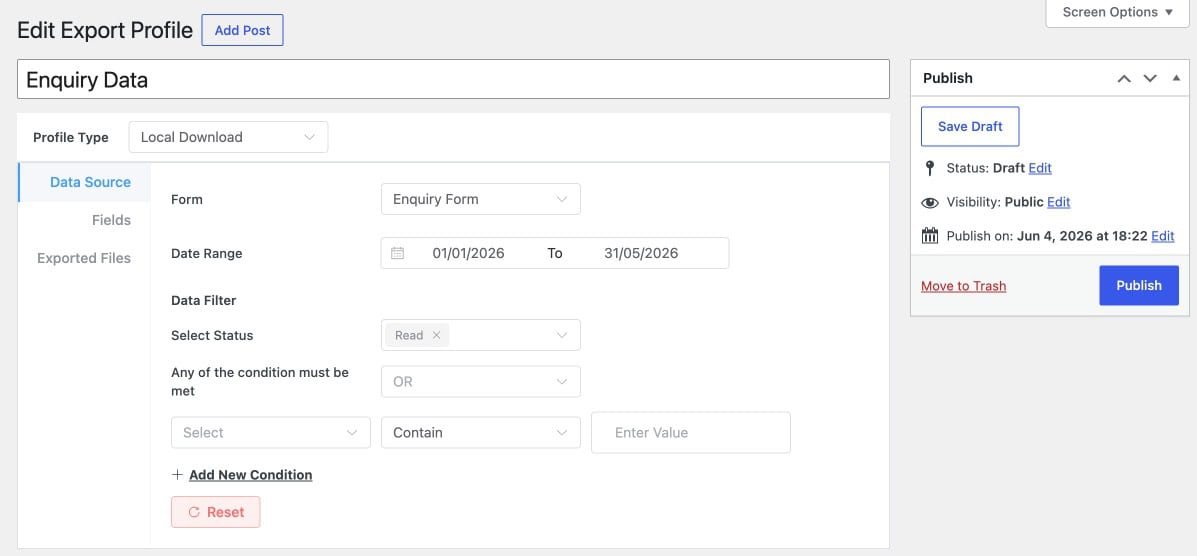 Form Vibes Export Profile Data Source tab with Elementor form selected, date range and filter conditions set