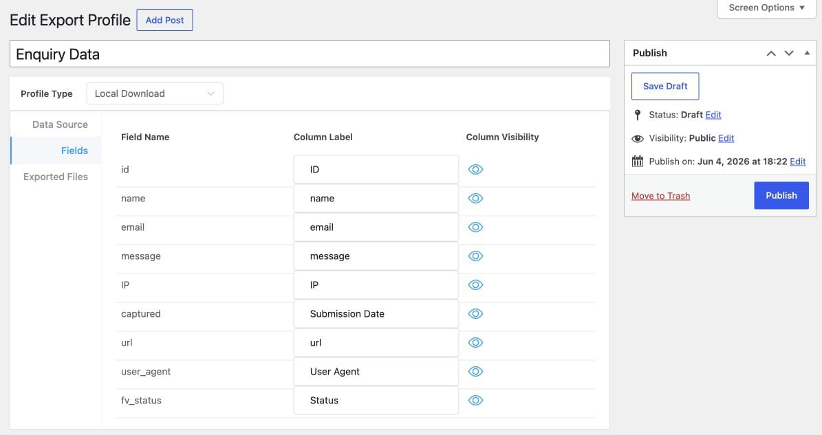 Form Vibes Export Profile Fields tab showing column selection toggles for the CSV export