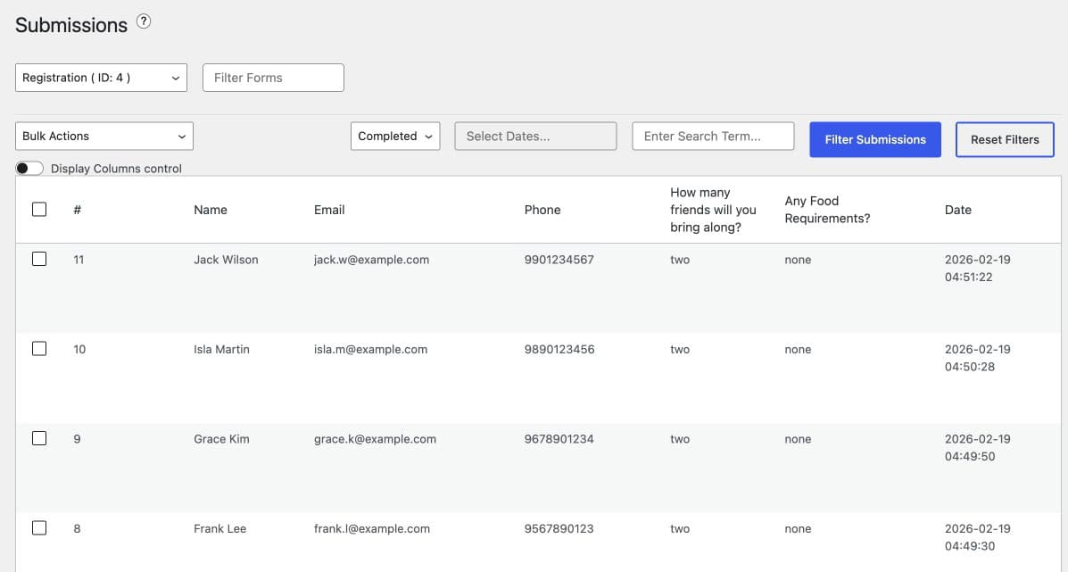 Ninja Forms submissions screen — entries stored automatically, searchable and filterable by date