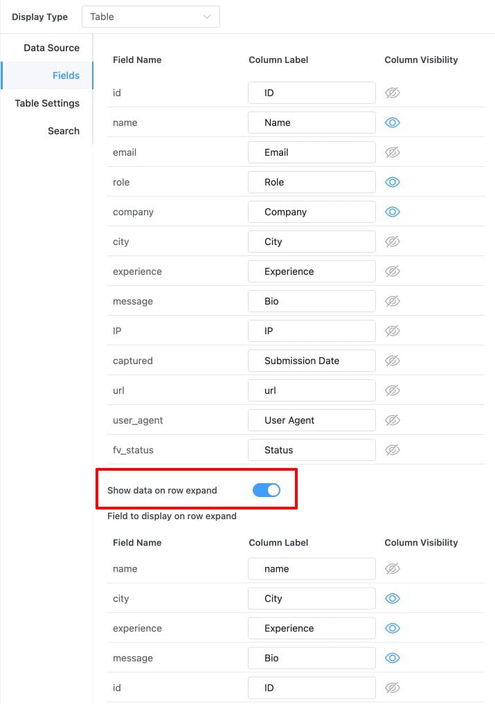 Fields tab with Email hidden, message renamed to Bio, and row expand turned on