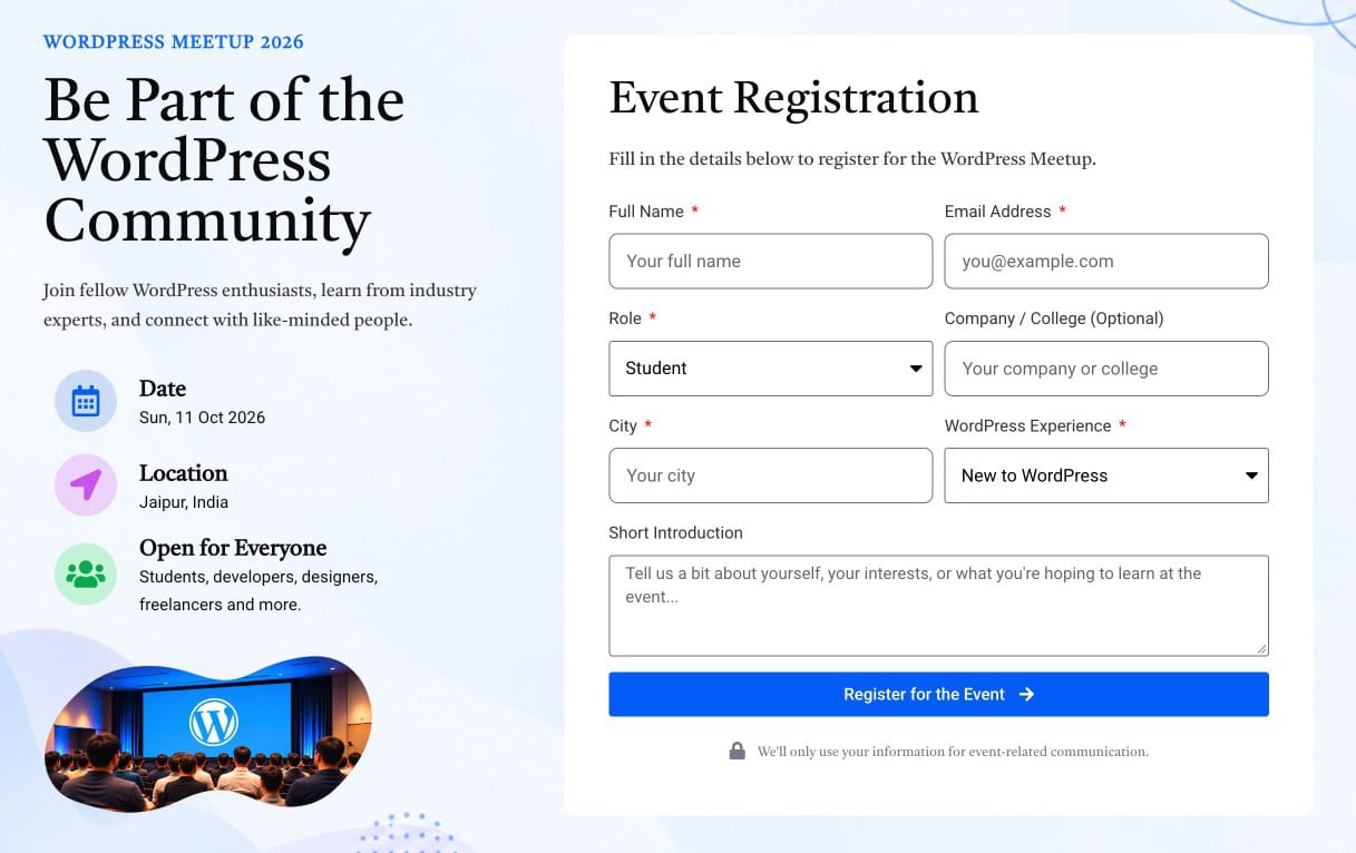 WordPress Meetup 2026 registration form built with the Elementor Form widget