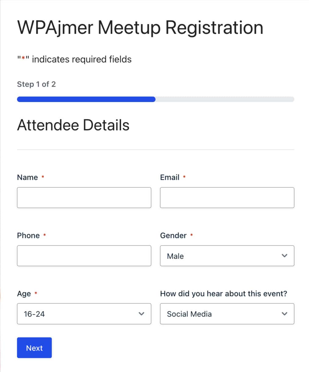 Meetups Registration form using Gravity Forms in WordPress