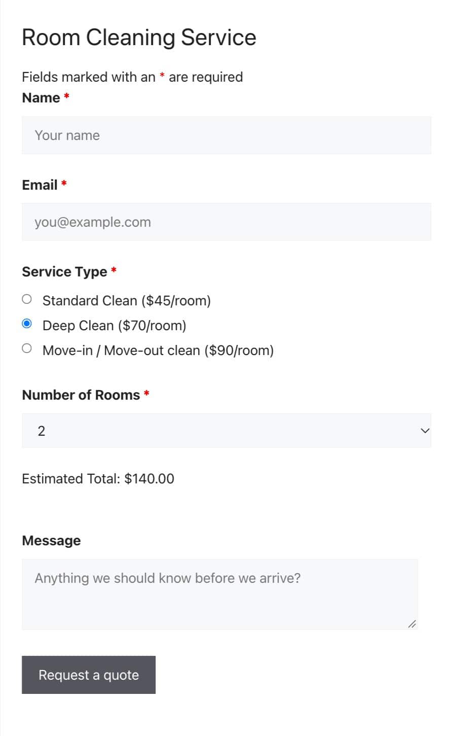 Room Cleaning Service Form Using Ninja Forms in WordPress
