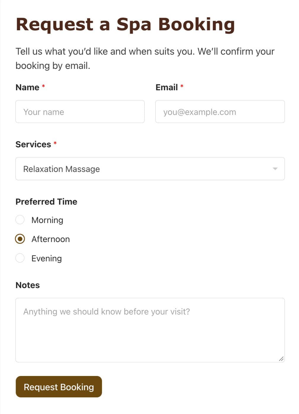 Spa Booking form with WPForms in WordPress