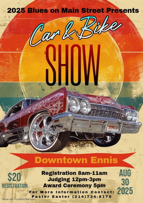 Blues On Main Street Car & Bike Show event at Downtown Ennis in Ennis, TX on August 30, 2025