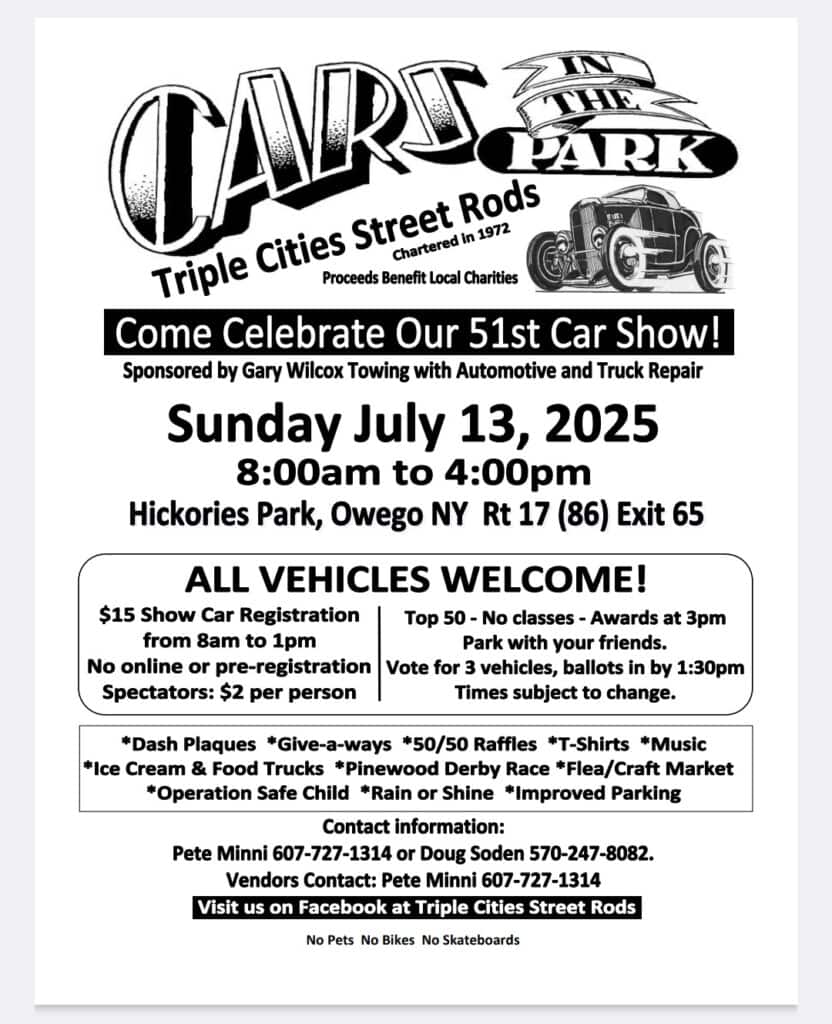 Cars in the Park at Hickories Park event at Hickories Park in Owego, NY on July 13, 2025