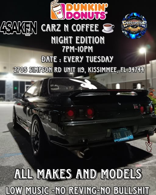 Forsaken Cars & Coffee Night Edition event at Dunkin' Donuts in Kissimmee, FL on January 14, 2025