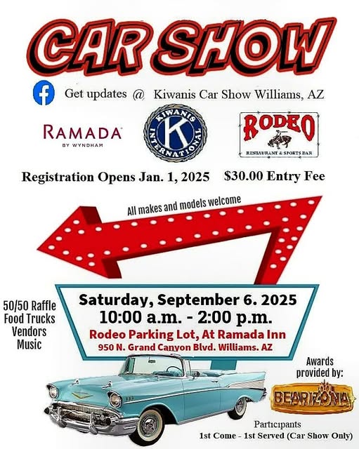 Kiwanis Car Show event at Rodeo Parking Lot, Ramada Inn in Williams, AZ on September 6, 2025