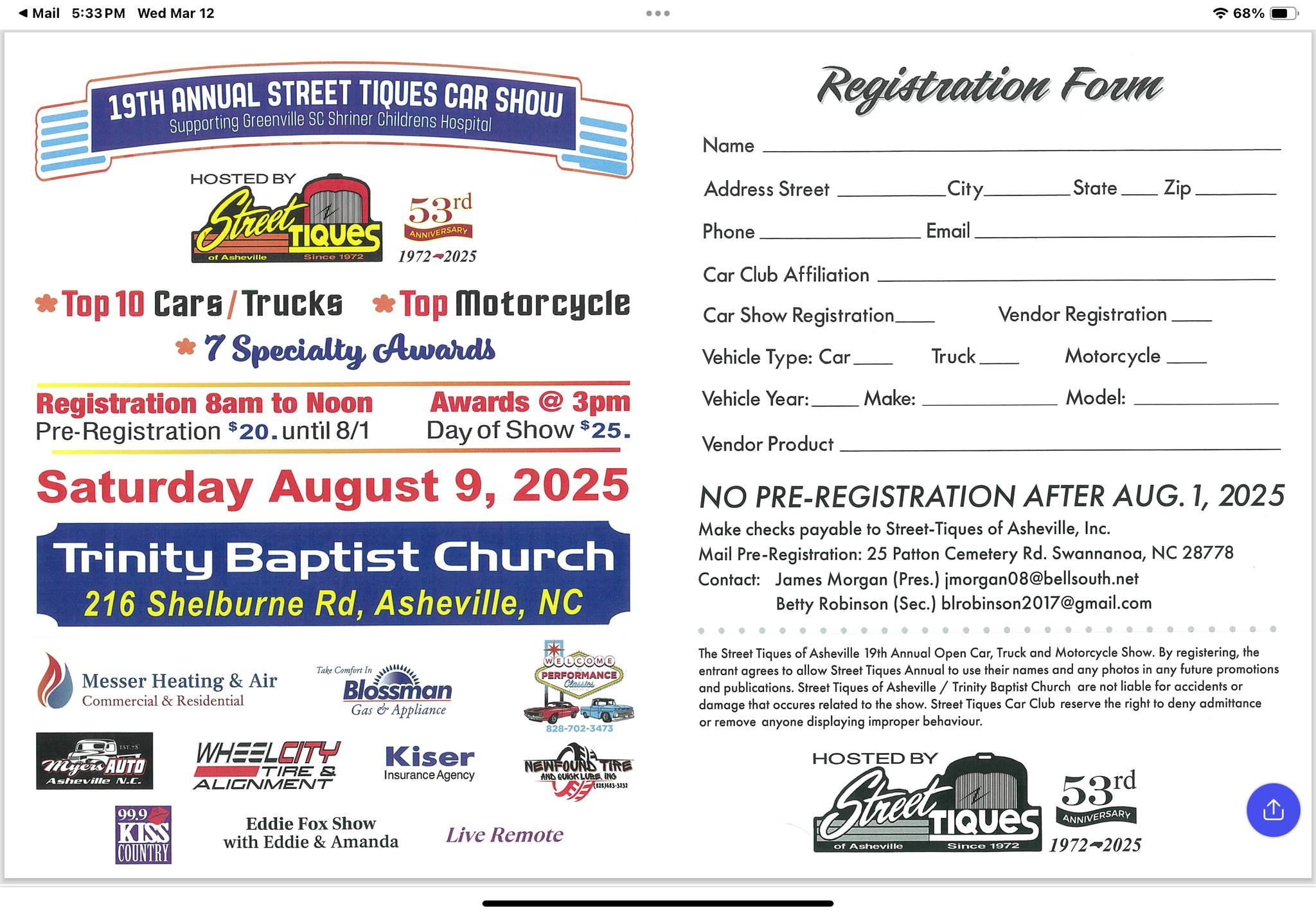 19th Annual Street Tiques Car Show event at Trinity Baptist Church in Asheville, NC on August 9, 2025