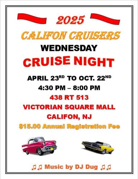 Califon Cruisers Wednesday Cruise Night event at Victorian Square Mall in Califon, NJ on April 23, 2025