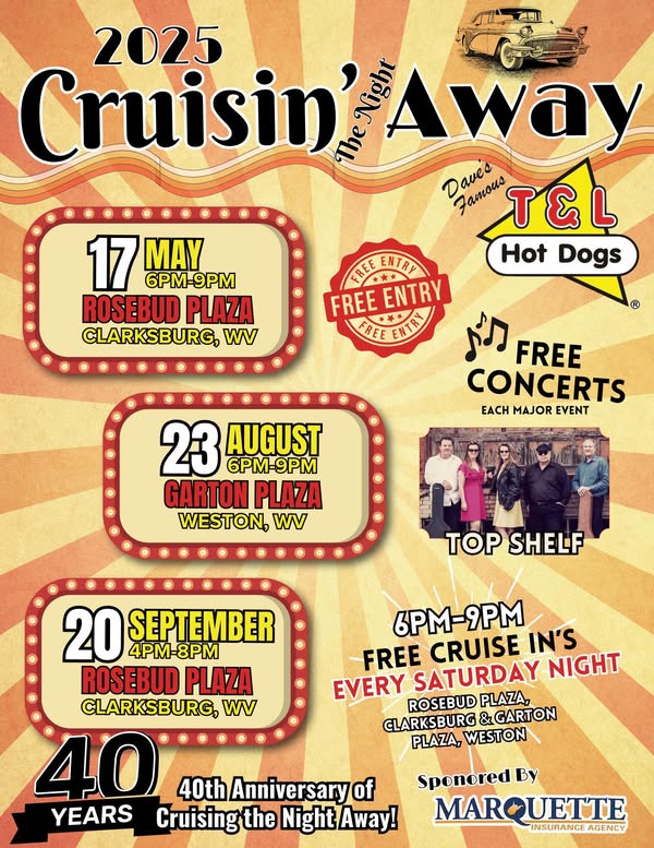 Cruisin' Away event at Rosebud Plaza in Clarksburg, WV on May 17, 2025