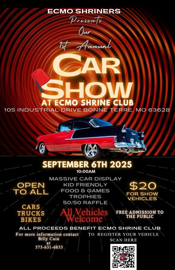 Ecmo Shriners Annual Car Show event at Ecmo Shrine Club in Bonne Terre, MO on September 6, 2025