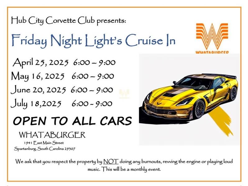 Friday Night Lights Cruise-In event at Whataburger in Spartanburg, SC on April 25, 2025