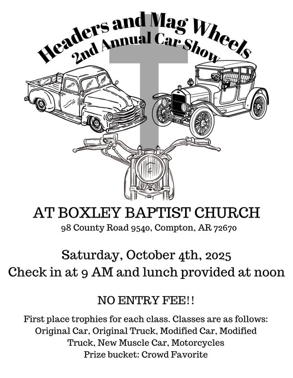 Headers and Mag Wheels 2nd Annual Car Show event at Boxley Baptist Church in Compton, AR on October 4, 2025