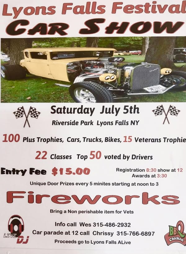 Lyons Falls Festival Car Show event at Riverside Park in Lyons Falls, NY on July 5, 2025